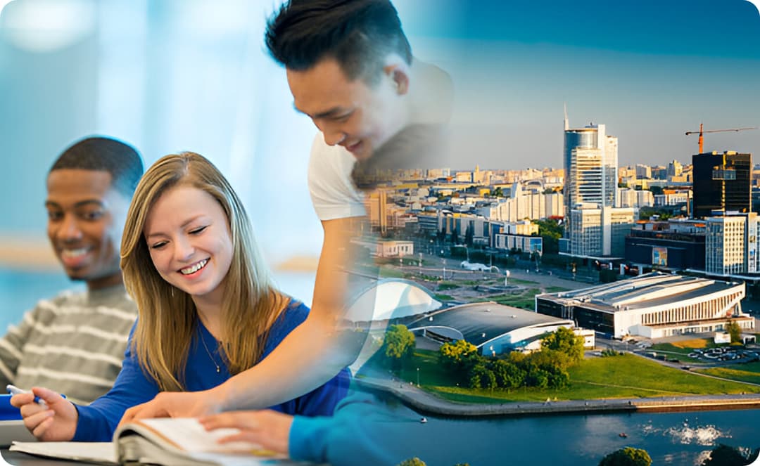 Students studying in Belarus with Minsk cityscape